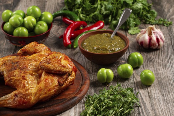 Baked tobacco chicken, served with tkemali sauce, on a wooden table, Georgian cuisine, rustic