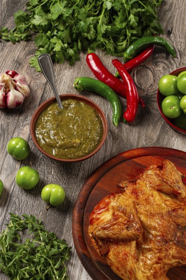 Baked tobacco chicken, served with tkemali sauce, on a wooden table, Georgian cuisine, rustic