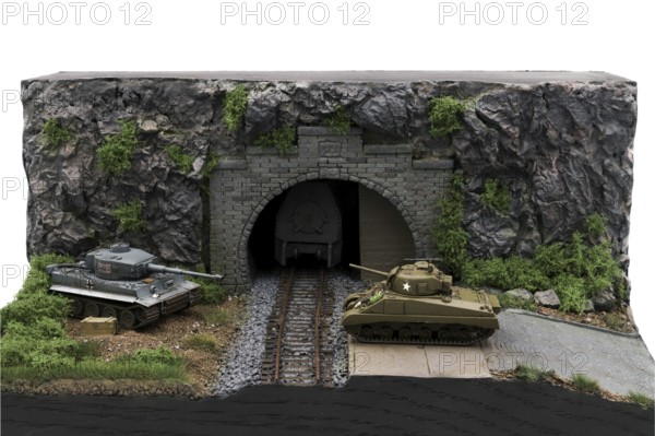 Model building diorama: Tiger and Sherman tanks at the railway tunnel