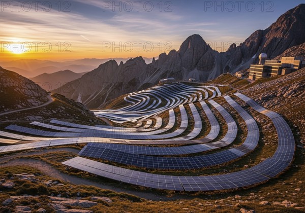 Winding rows of solar panels seamlessly integrated into a mountainous landscape under a dynamic