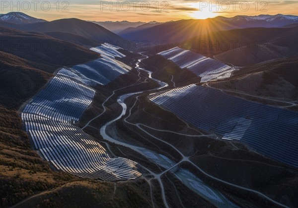 Winding rows of solar panels seamlessly integrated into a mountainous landscape under a dynamic