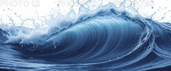 A powerful blue ocean wave cresting, with splashes and foam against a white background. Captivating