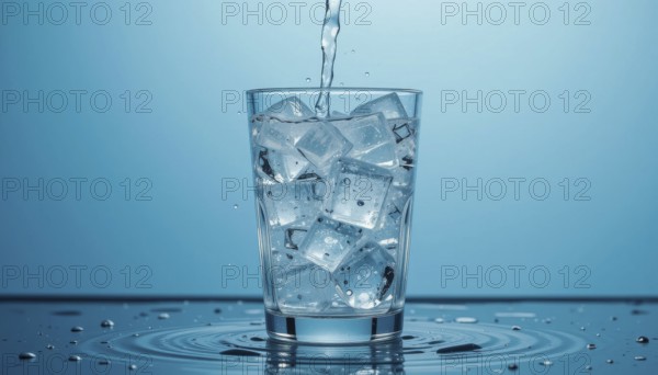 A glass of water being poured over ice cubes on a blue background. Water droplets are visible,