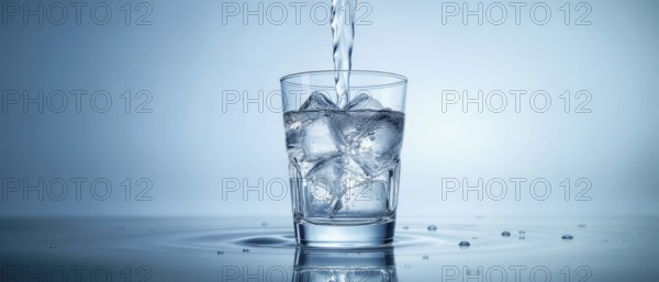 A glass of water with ice cubes being filled with a stream of water, set against a gradient blue
