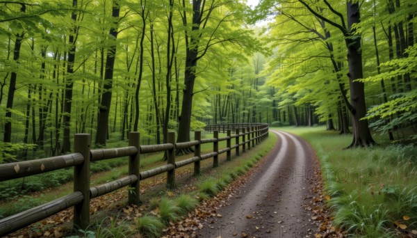 A winding dirt road meanders through a vibrant green forest, framed by a rustic wooden fence and