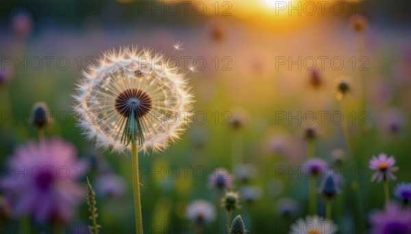 A close-up of a dandelion clock in a field of wildflowers, bathed in golden sunset light,