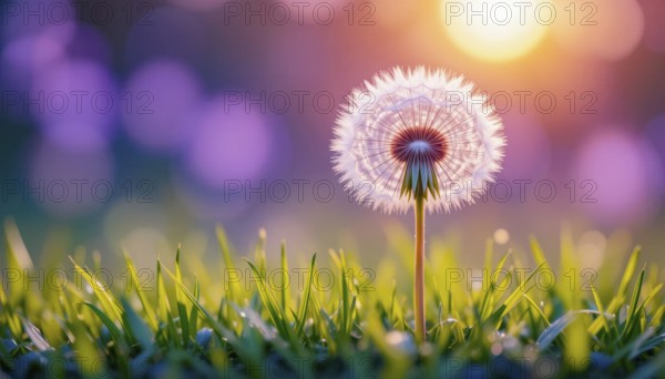 A close-up of a dandelion in a field with a blurred background, showcasing sunlight and nature's