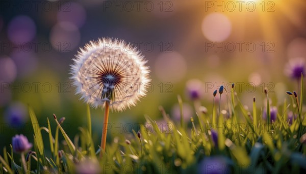 A close-up shot of a dandelion seed head glowing in the sunlight, with soft focus on the