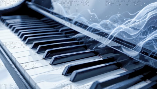 A close-up of a piano keyboard with ethereal, glowing energy, creating a sense of musical flow and