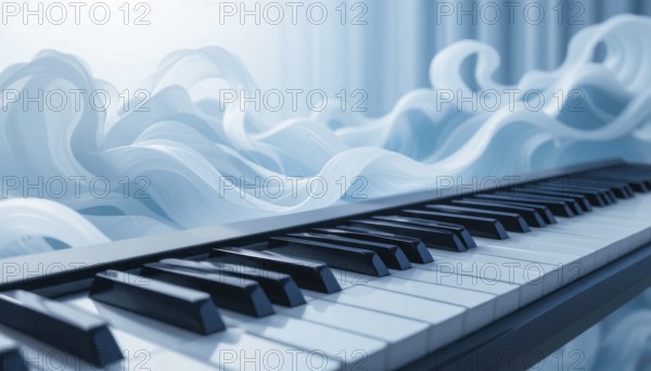 A close-up shot of a piano keyboard with flowing, ethereal blue fabric in the background. The