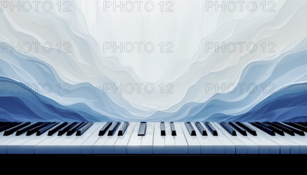 An abstract piano with a stunning blue and white wavy background. The keyboard is in sharp focus,