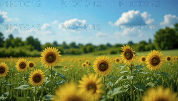 A vibrant field of sunflowers basks in the summer sun, with a clear blue sky dotted with fluffy