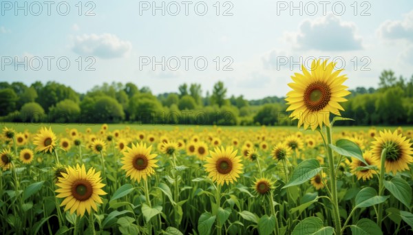 A vibrant field of sunflowers basks in the sun, their yellow faces turned towards the light. Lush