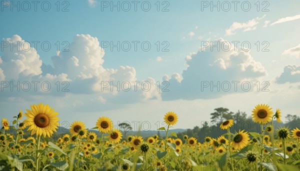 A vibrant field of sunflowers basks in the sunlight, with fluffy clouds dotting a clear blue sky,