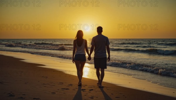 A romantic couple walks hand-in-hand along a sandy beach as the sun sets, creating a beautiful