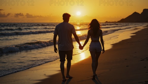 A romantic couple walks hand-in-hand along the beach during a beautiful sunset, silhouetted against