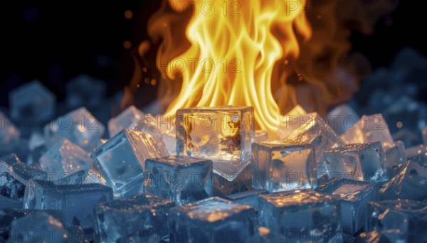 A striking visual contrast of fire and ice. Flames dance above ice cubes, creating a compelling