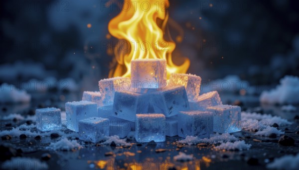 A mesmerizing juxtaposition of fire and ice. Glowing flames erupt from a pile of ice cubes,
