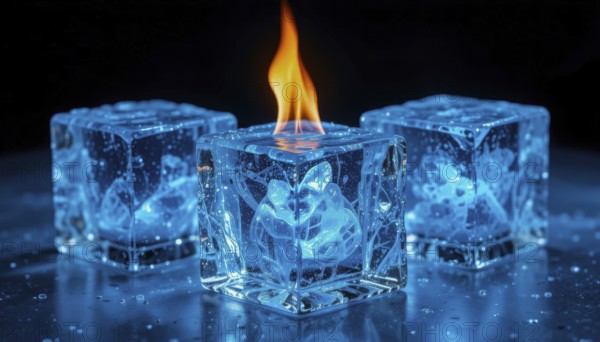 A striking image of ice cubes, one with a flame, creating a captivating contrast of fire and ice