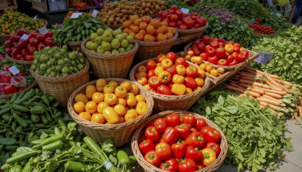 A colorful market stall overflows with fresh produce, including various types of tomatoes, peppers,