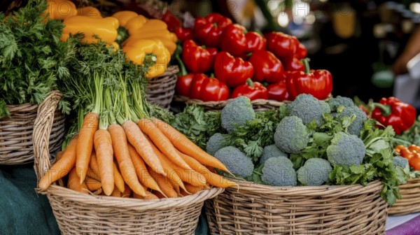Fresh vegetables, including carrots, peppers, and broccoli, displayed in woven baskets, create a