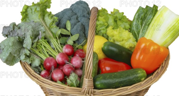 A wicker basket overflowing with a colorful array of fresh vegetables, including radishes, lettuce,