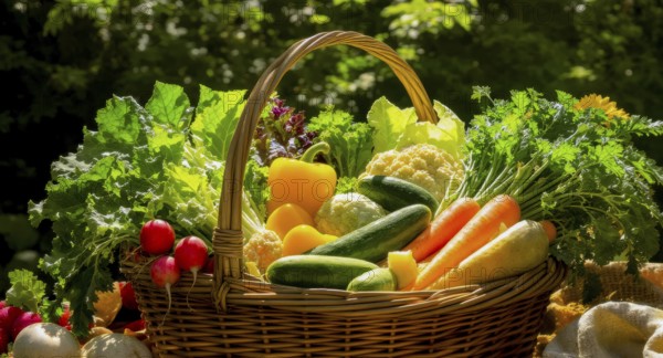 A wicker basket overflowing with an assortment of fresh, colorful vegetables, perfect for a healthy