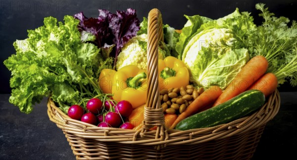 A vibrant basket overflowing with a variety of fresh, colorful vegetables, perfect for a healthy
