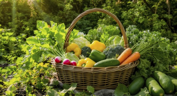 A rustic basket overflowing with fresh, colorful vegetables, showcasing the bounty of a garden on a
