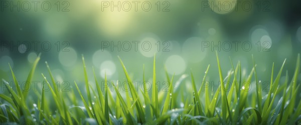Close-up of fresh green grass with water droplets, set against a blurred background of soft bokeh