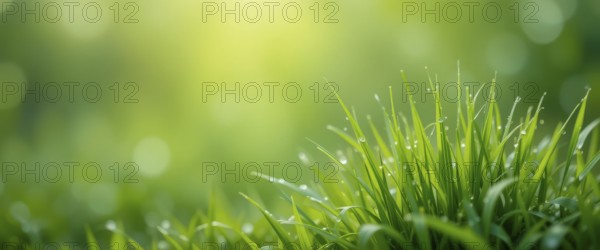 A vibrant close-up of fresh green grass blades glistening with morning dew, under soft sunlight, AI