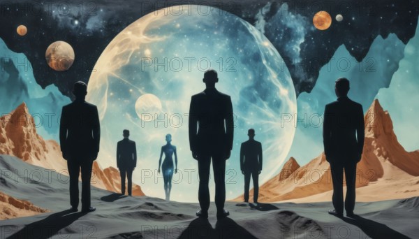 A surreal digital art piece showcasing figures standing before a cosmic landscape with planets and
