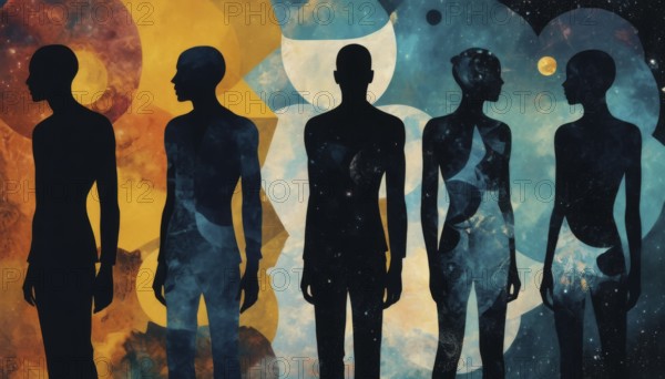 Five figures silhouetted against a backdrop of abstract celestial patterns. The artwork blends