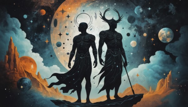 An ethereal artwork depicts two celestial figures in a cosmic landscape with planets, stars, and a