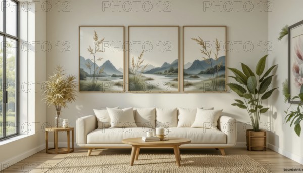 A serene living room featuring a neutral palette, a comfortable sofa, wooden furniture, and framed