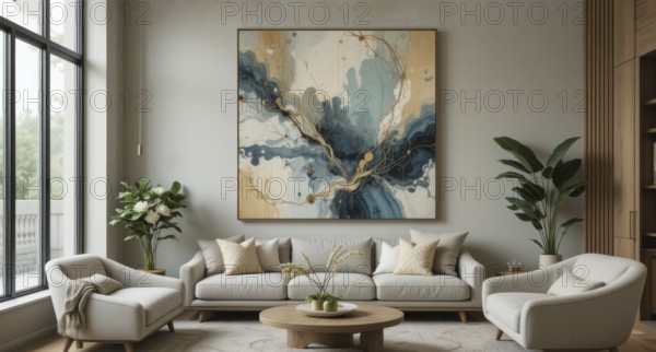 An inviting living room with a large abstract painting, stylish furniture, and natural light