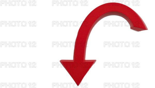 A vibrant, red, downward-pointing arrow in a curved shape against a clean white background,