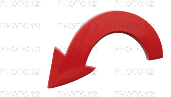 A vibrant red, downward-curving arrow on a white background, symbolizing direction, progress, or