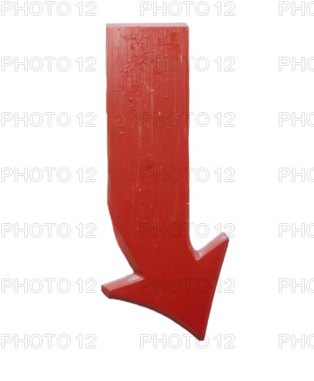 A glossy red arrow pointing downwards, isolated on a white background. The arrow's design is