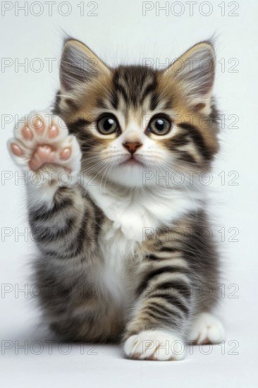 A charming kitten waves its paw towards the viewer, looking adorable with its fluffy fur and