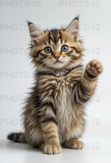 Adorable kitten raises a paw, looking curious and playful against a white background. Its fluffy