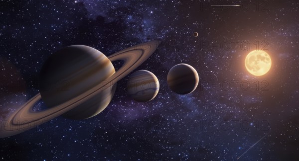 A stunning cosmic scene featuring planets, celestial bodies, a glowing sun, and a backdrop of a