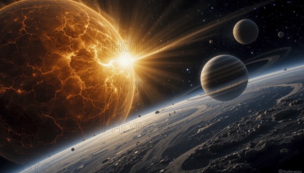 A stunning space scene featuring a fiery planet erupting with light, surrounded by other celestial