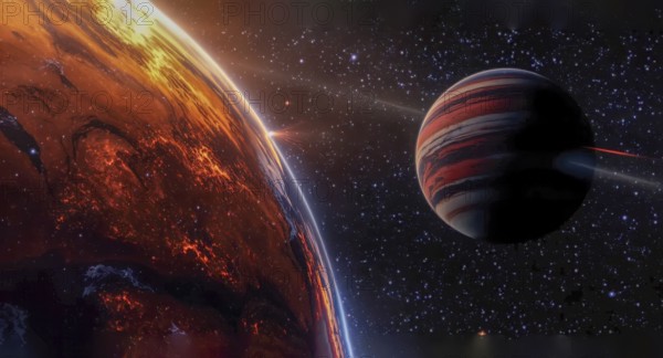 Dramatic space scene features a fiery planet and a gas giant against a starry backdrop, creating a