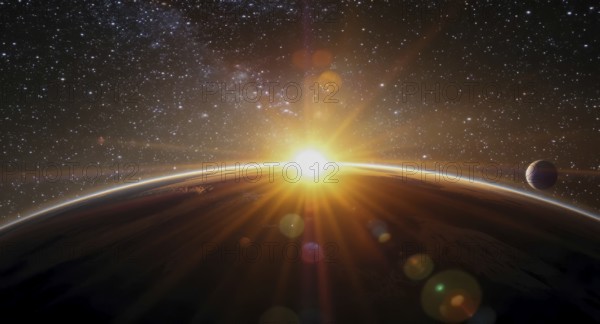 A vibrant sunrise over an alien planet with stars and a moon in the cosmic expanse, creating a