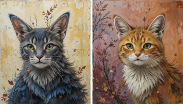 A stunning artistic diptych features portraits of two cats, one gray and one orange, adorned with