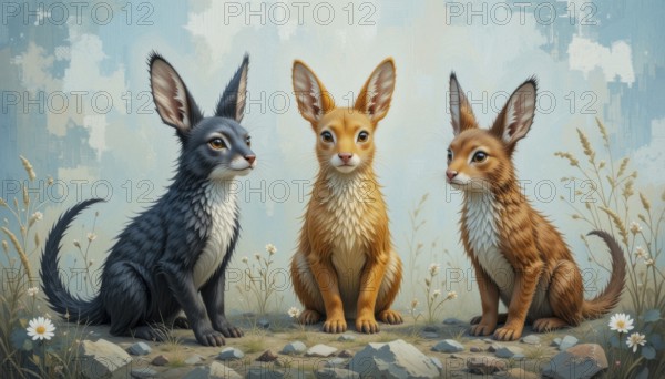 Three stylized rabbits with large ears sitting on a rocky ground, set against a soft blue sky
