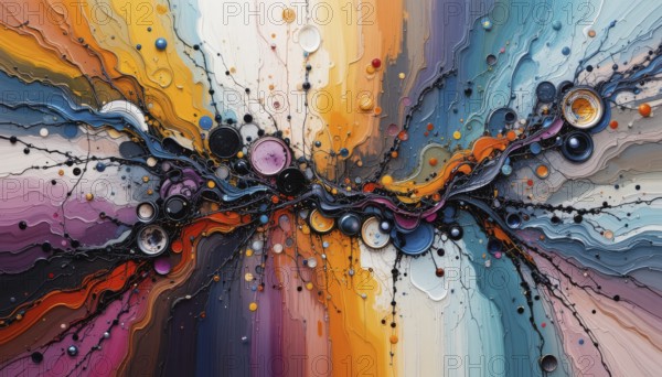 An abstract painting showcasing a vibrant explosion of colors, flowing lines, and textured details.