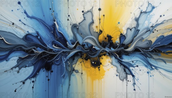Abstract painting featuring fluid shapes and colors, evoking a sense of motion and artistic