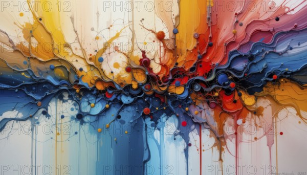 Abstract artwork featuring a dynamic explosion of colors and textures, blending artistic expression